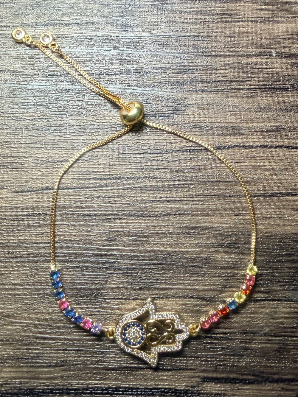 Gold Hamsa Hand Adjustable Bracelet with Multicolor Stones